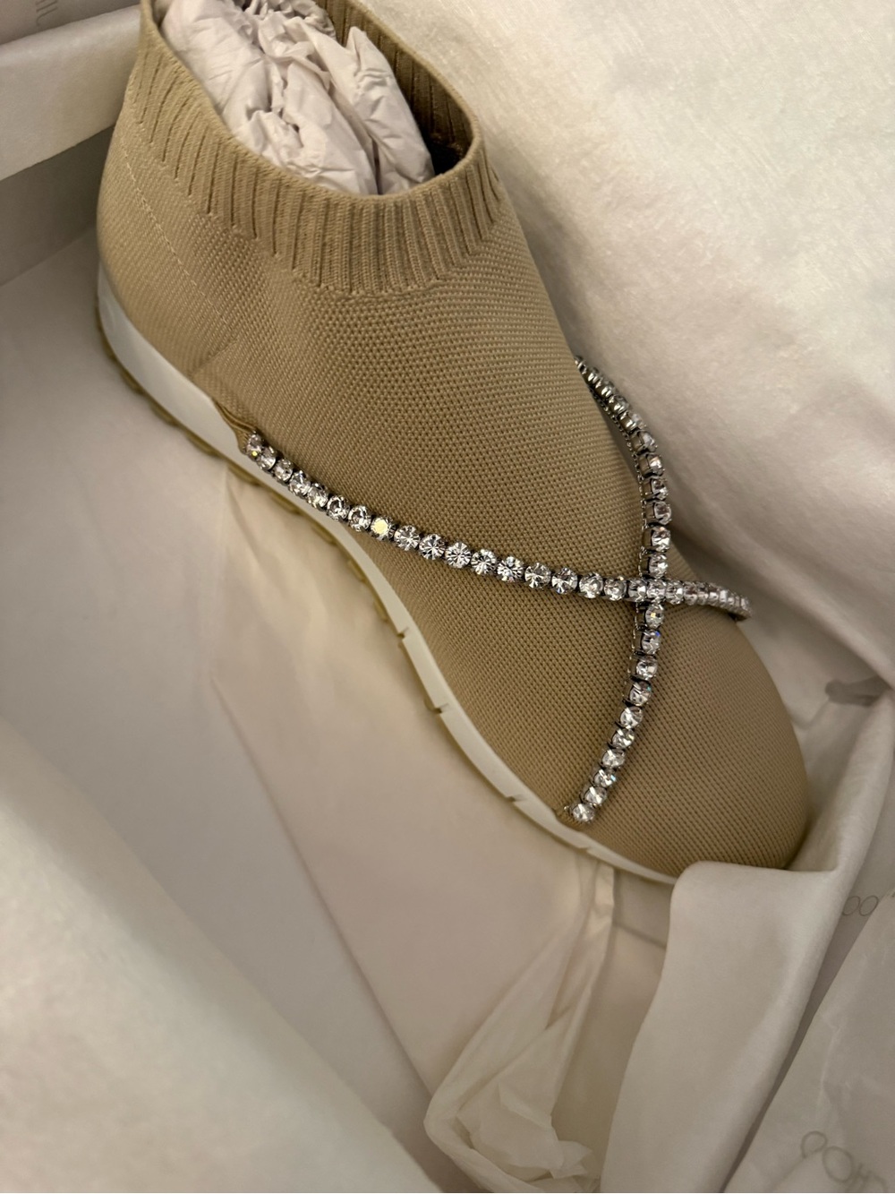 Jimmy Choo Beige Knit Sock Sneakers with Crystal Cross Straps